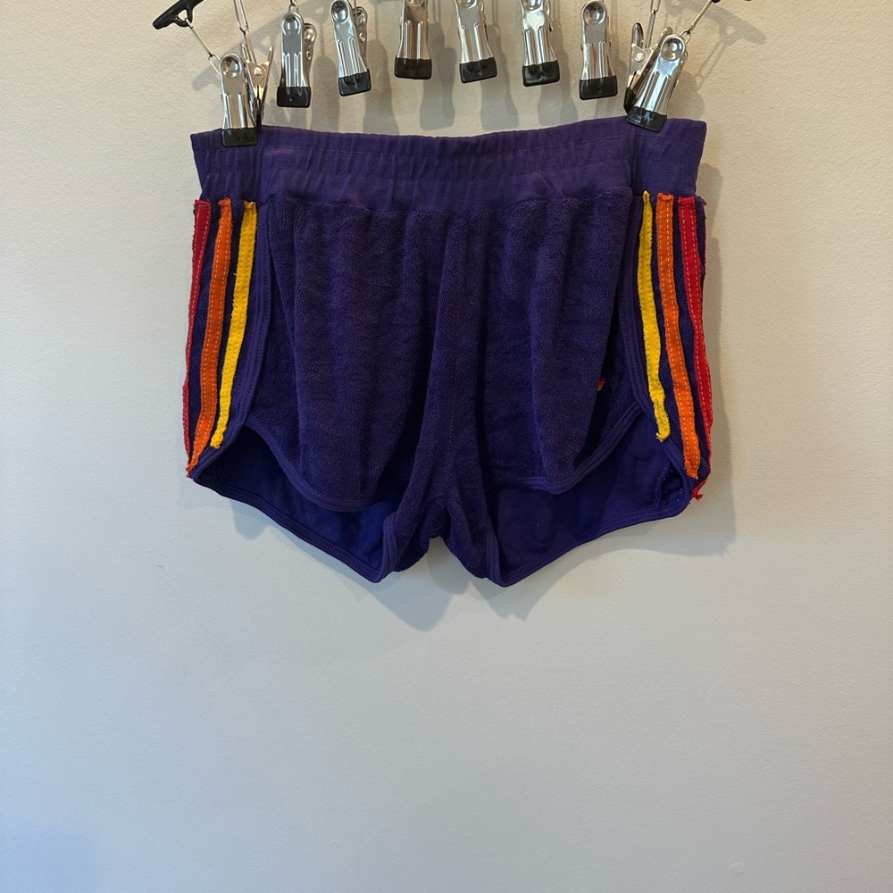 Aviator Nation Purple Terry Cloth Shorts with Red and Yellow Side Stripes